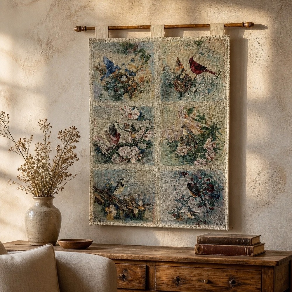 Lena Liu Woven Bird Tapestry Wall Hanging Large Vintage Nature Art Grandmacore